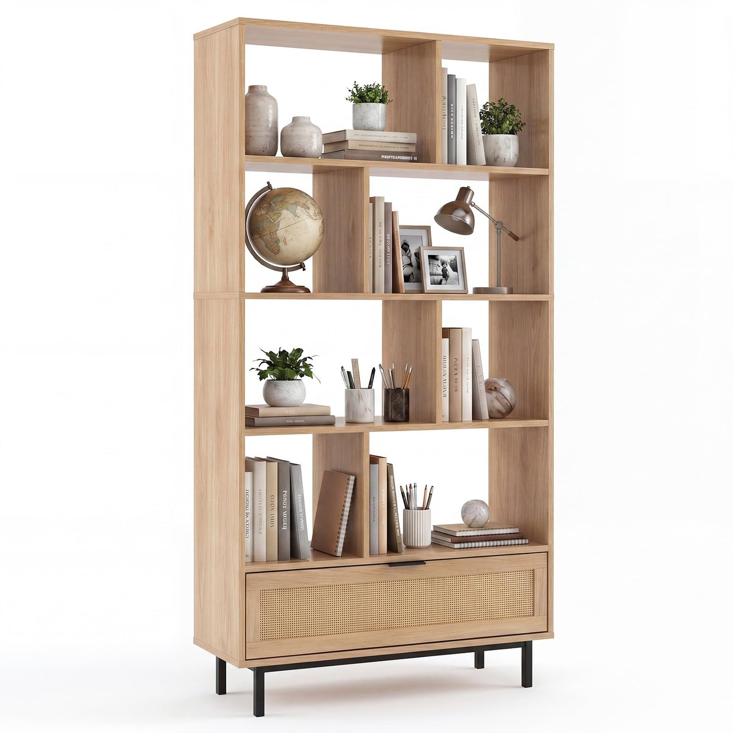 162 cm Tall Wooden Bookcase, 6-Tier Geometric Bookshelf with Drawer