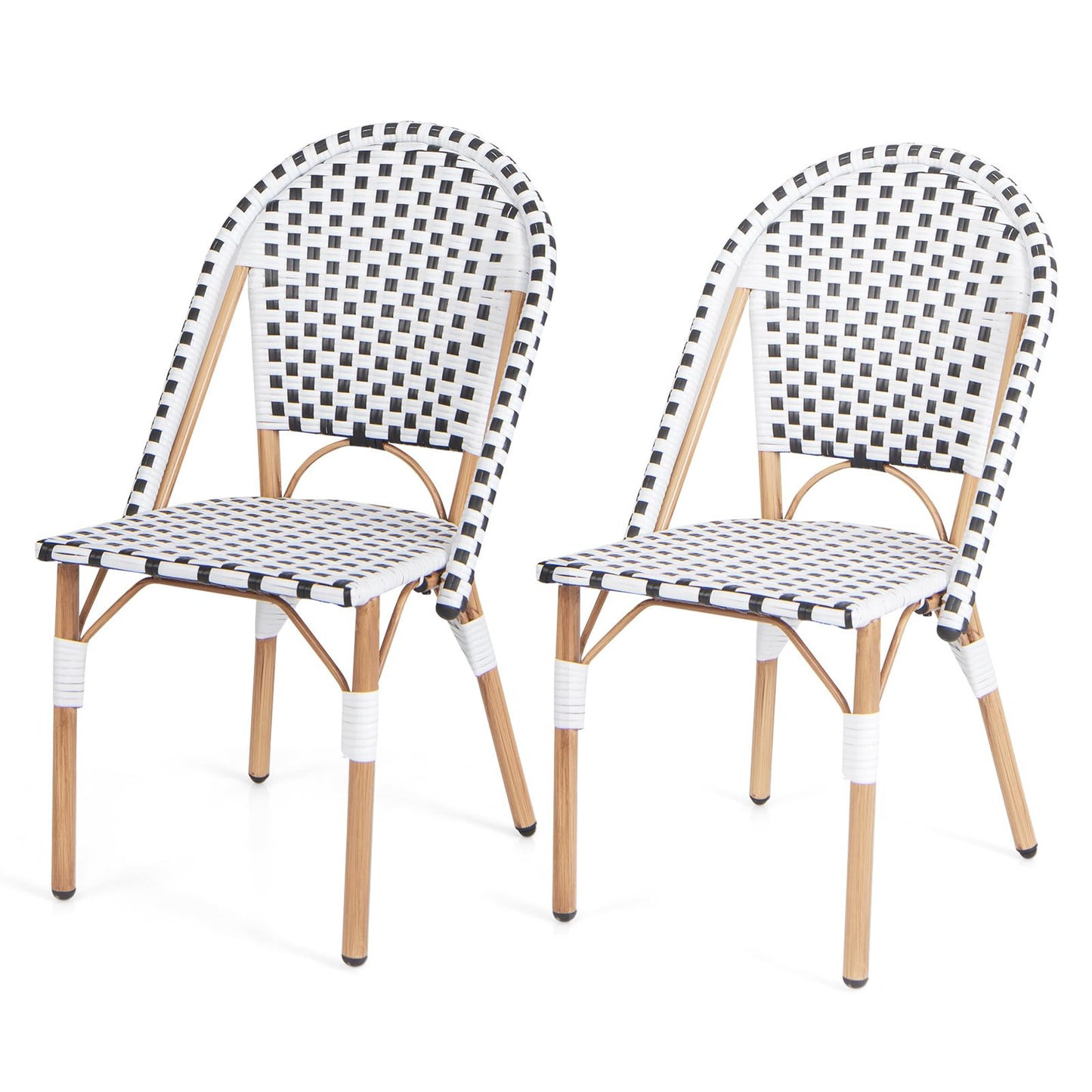 GiantexUK Rattan Outdoor Set of 2 Metal Frame Garden Chairs with Backrest & Adjustable Foot Pads