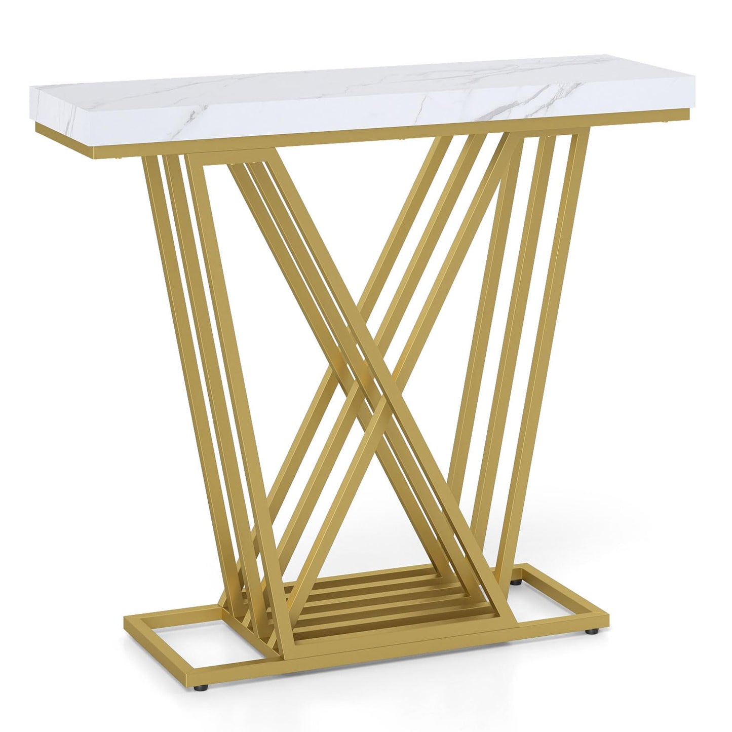 Gold Console Table Modern Sofa Table with Faux Marble Rectangular Tabletop