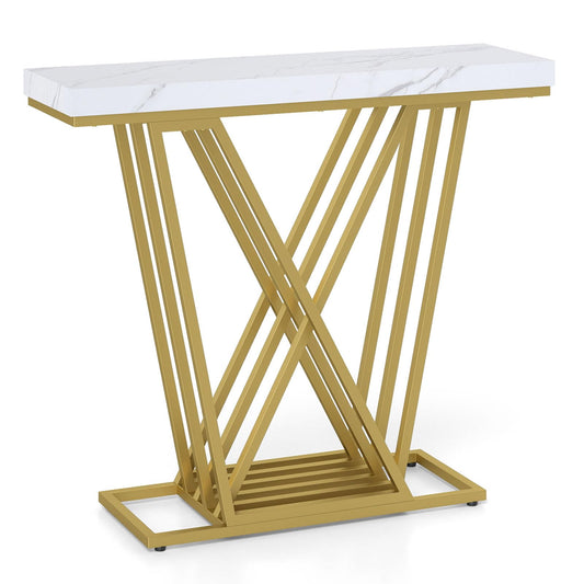 Gold Console Table Modern Sofa Table with Faux Marble Rectangular Tabletop