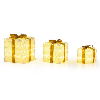 Set of 3 Christmas Lighted Gift Boxes Pre-Lit with Warm White LED Lights