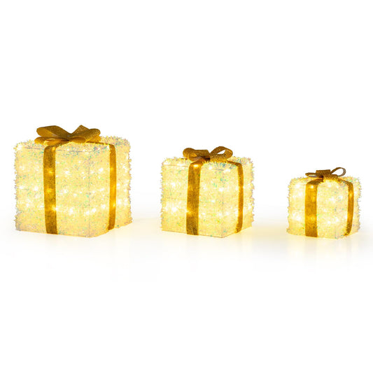Set of 3 Christmas Lighted Gift Boxes Pre-Lit with Warm White LED Lights