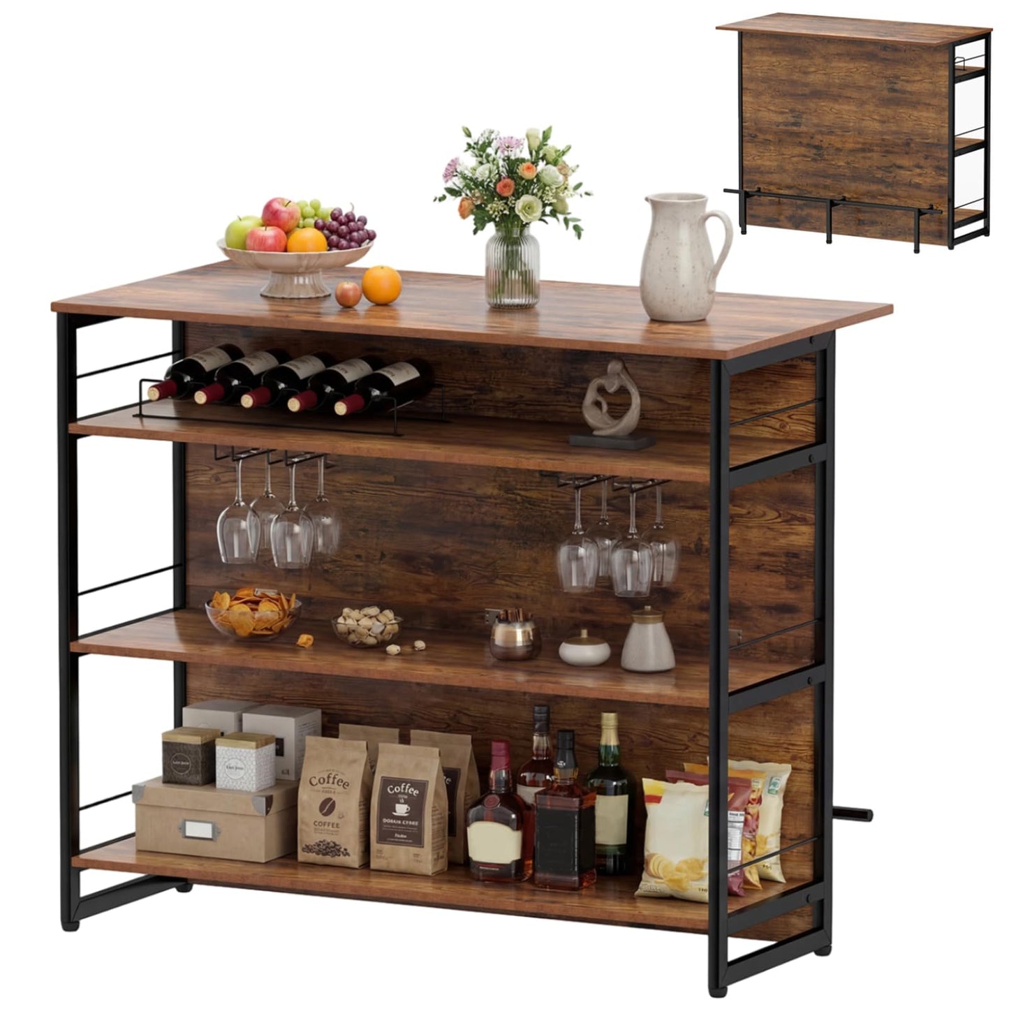 2-in-1 Home Bar Unit with 4 Shelves and Glass Holders and Wine Racks