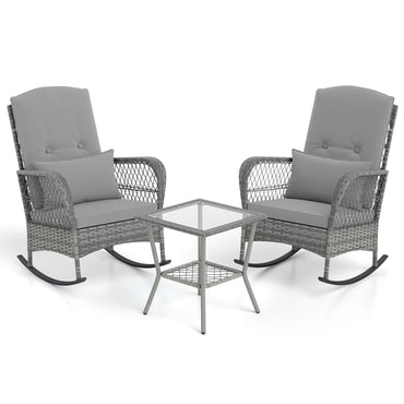 3 Piece Outdoor Rocking Chair Set with Cozy Cushions and Pillow
