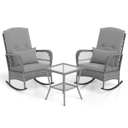 3 Piece Outdoor Rocking Chair Set with Cozy Cushions and Pillow
