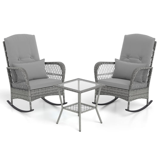3 Piece Outdoor Rocking Chair Set with Cozy Cushions and Pillow
