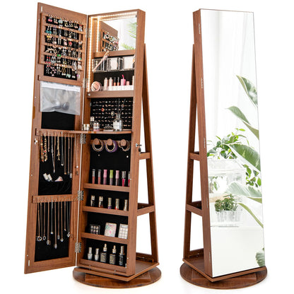 360 Degree Mirrored Jewelry Armoire with 3 Color Auto on LED Lights