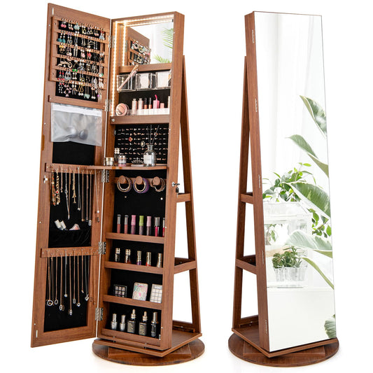 360 Degree Mirrored Jewelry Armoire with 3 Color Auto on LED Lights