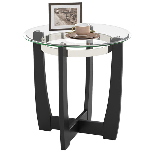 Tempered Glass End Table, Round Sofa Side Table with Rubber Wood Cross Base