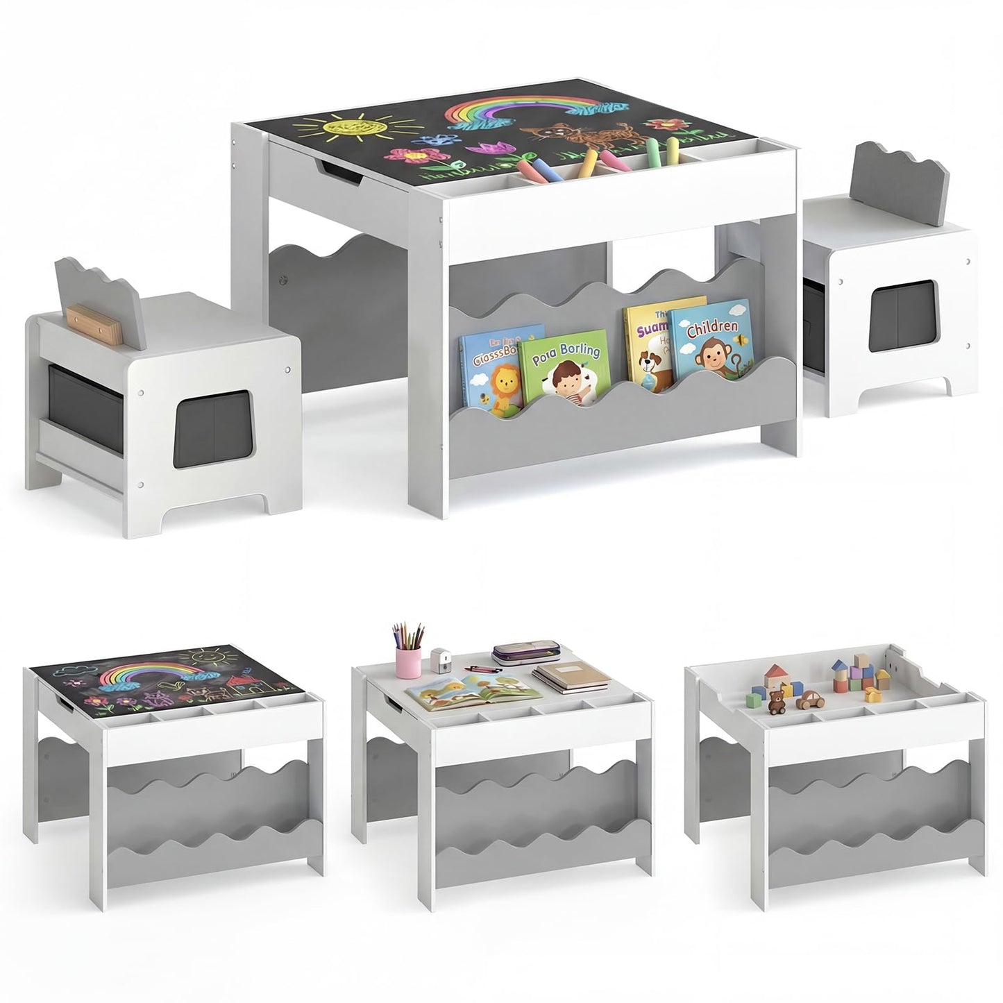 Kids Table and Chairs, Multifunctional Activity Desk Set with Double-sided Tabletop