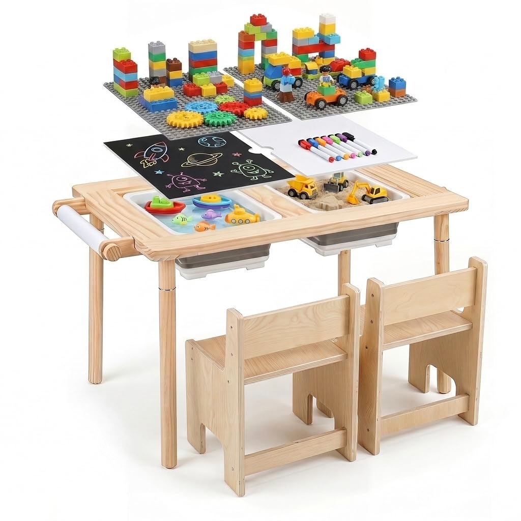 Sensory Table Set 3-Piece Kids Activity Table and Chair Set with Adjustable Height