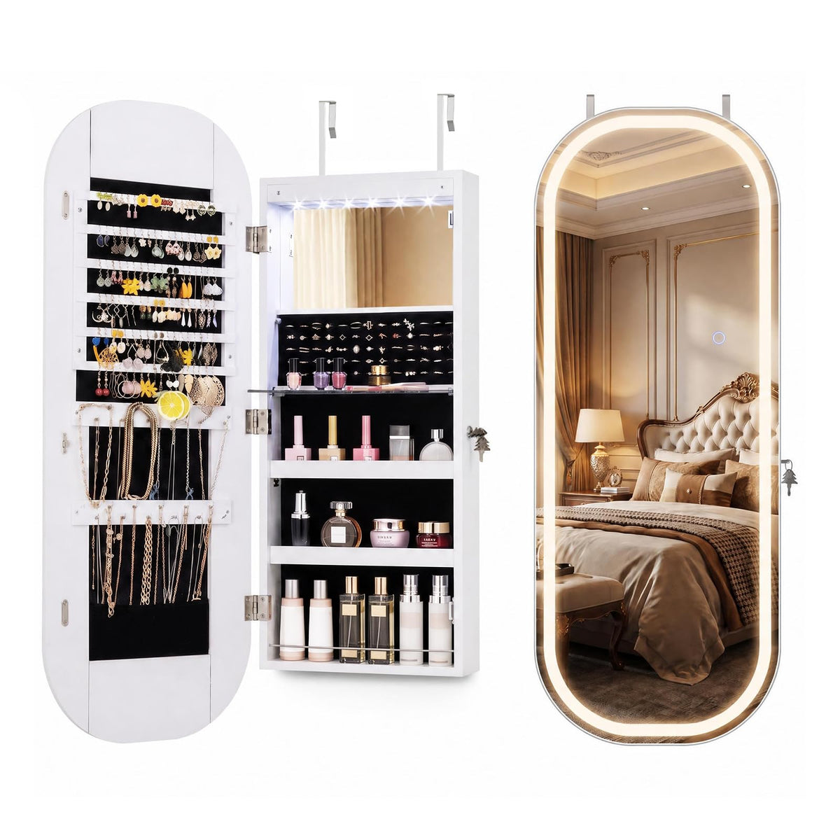 Wall and Door Mounted Jewelry Cabinet with 3-Color Adjustable Full-Length Mirror