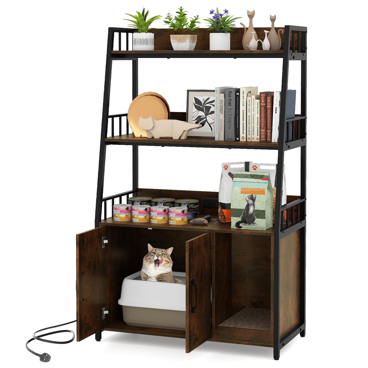 Cat Litter Box Enclosure, Hidden Cats Washroom Furniture with 3-tier Storage Shelves