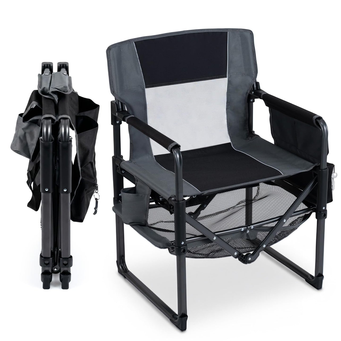 Folding Directors Chair, Oversized Camping Chairs (Black+Gray) | Cup Holder, Side Pocket, Bottle Opener