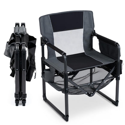 Folding Directors Chair, Oversized Camping Chairs (Black+Gray) | Cup Holder, Side Pocket, Bottle Opener