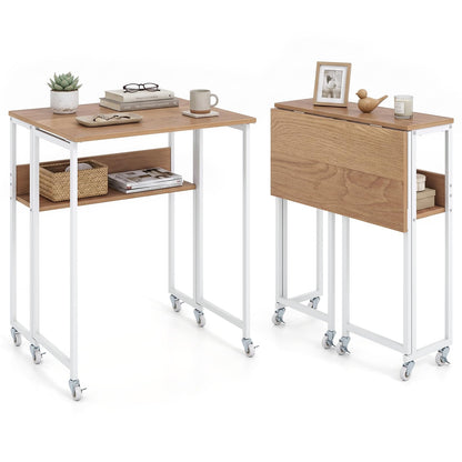 63 cm Small Folding Desk with Smooth Rolling Wheels and Storage Shelf for Home Office