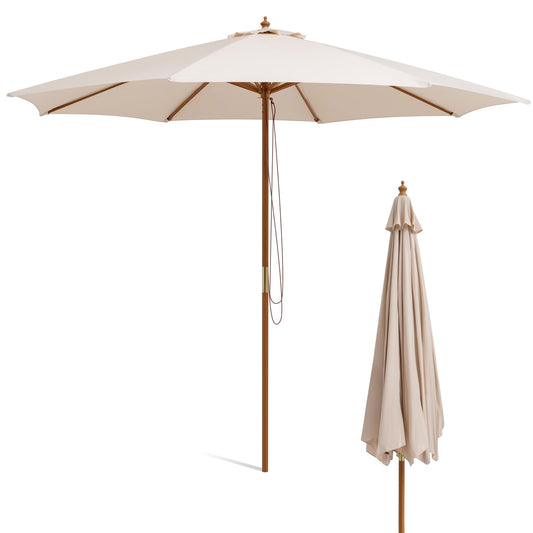 Pulley Operated Wood Patio Umbrella with 3 Gear Position and 8 Ribs