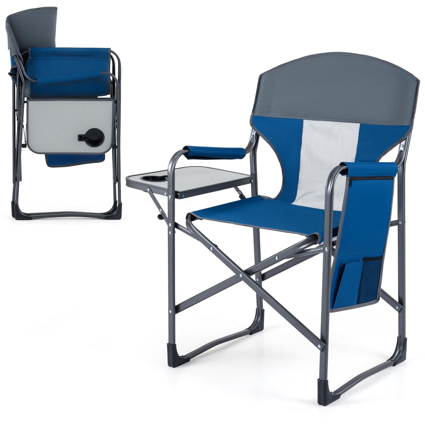 Folding Directors Chair, Oversized Camping Chairs with Side Table and Cup Holder