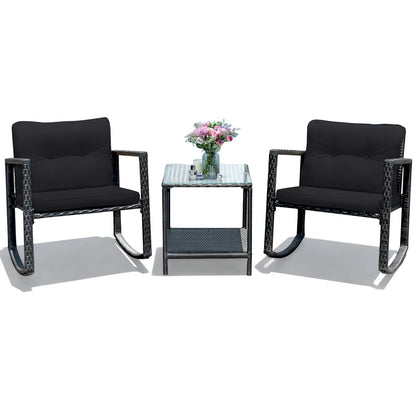 Giantex 3 PCS Garden Rocking Bistro Set PE Rattan Furniture Set with 2-tier Glass Table