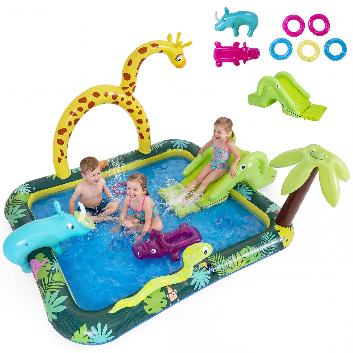 Inflatable Play Center, Jungle Animal Spray Paddling Pool with Slide & Sprinkle