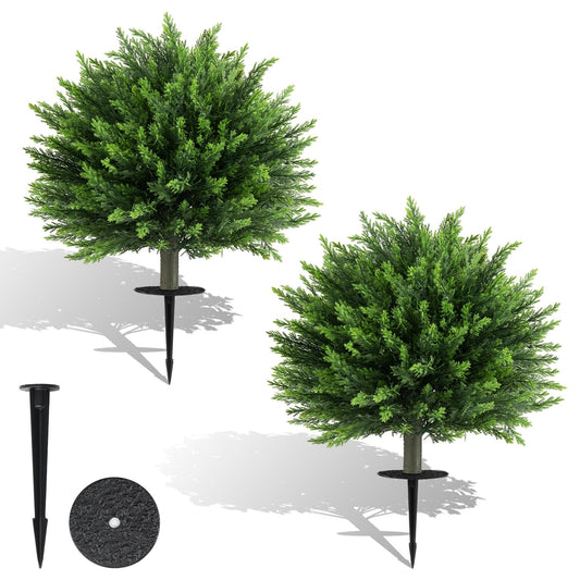 Set of 2 Artificial Topiary Ball Trees, Faux Shrub Bushes with Ground Spikes(Cypress Tree）