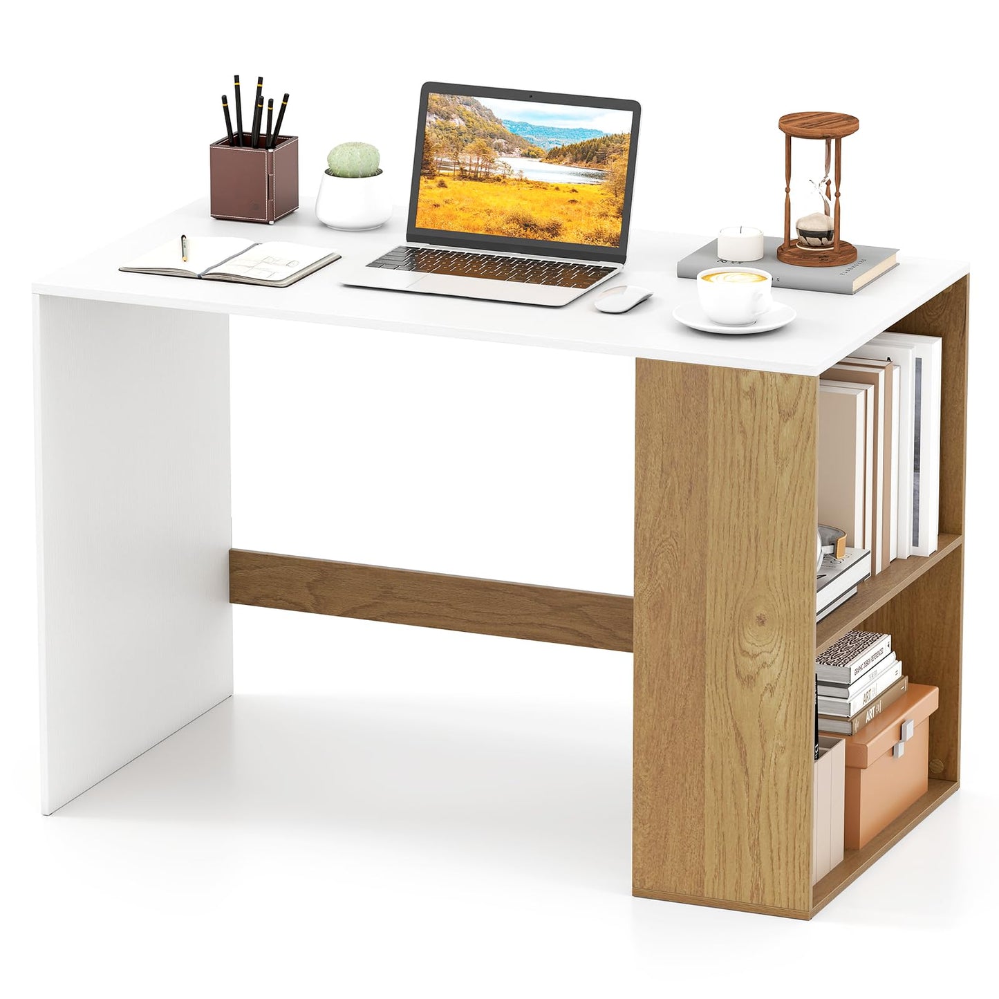 Modern Wooden Office Desk with Storage and 2 Open Shelves