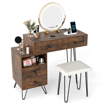Dressing Table with 360° Rotation LED Mirror and Stool, Makeup Table Vanity Desk Set with Charging Station