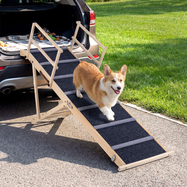 Wooden Pet Ramp, Foldable Dog Car Ladder with 6-level Adjustable Heights