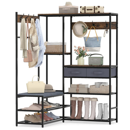 Corner Hall Tree, Coat Rack Stand with Shoe Storage Bench, Shelves