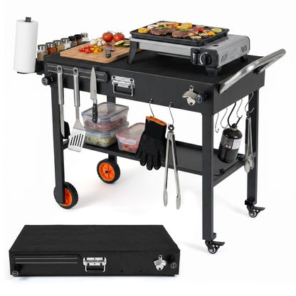 Portable Grill Table, Folding Grill Cart BBQ Prep Table with Heat-Resistant Mat