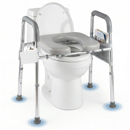 Adjustable Height and Width Raised Toilet Seat for Seniors with Padded Arms and Storage Bag
