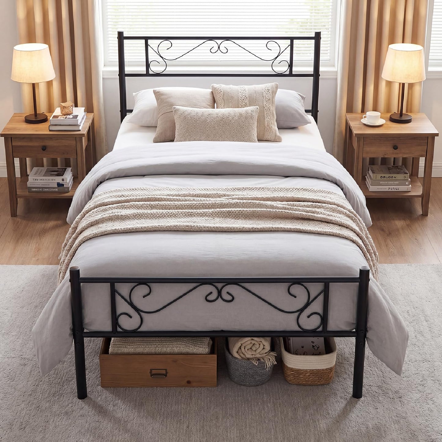3ft Single Bed Frame, Metal Platform Bed Base with Floral Headboard