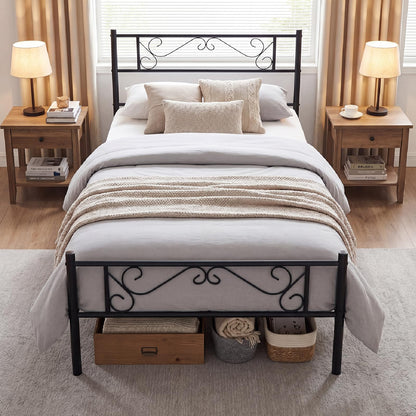 3ft Single Bed Frame, Metal Platform Bed Base with Floral Headboard