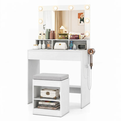 Small Dressing Table with Mirror and Storage Stool, 80cm Compact Makeup Table Vanity Desk Set