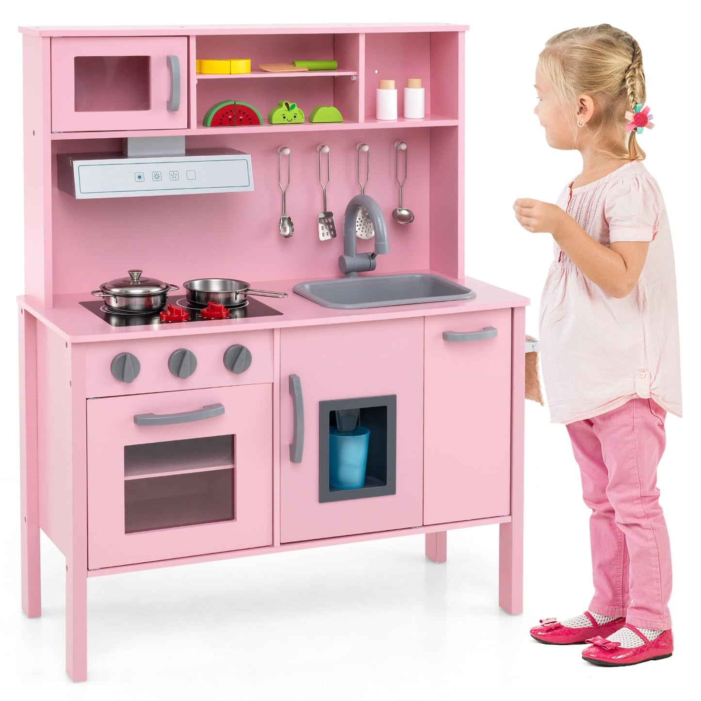 Wooden Kids Play Kitchen Set with Microwave Stoves Oven