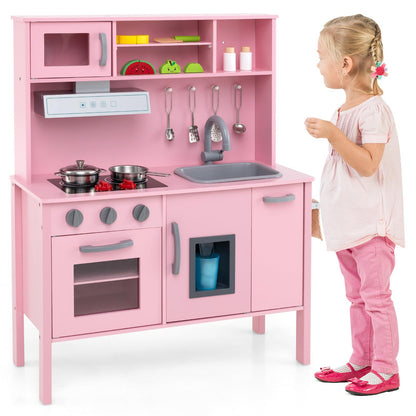 Wooden Kids Play Kitchen Set with Microwave Stoves Oven