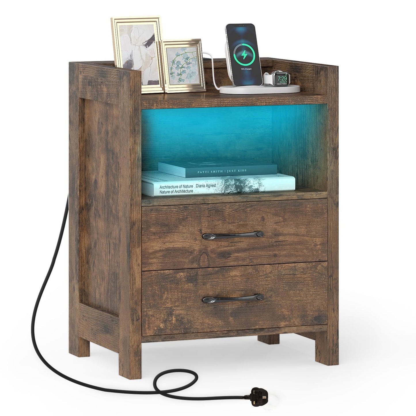 Nightstand with LED Lights and Power Outlets for Living Room