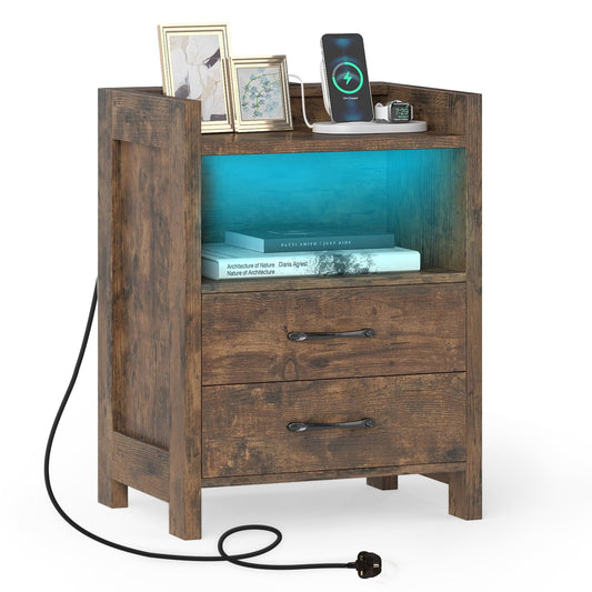 Nightstand with LED Lights and Power Outlets for Living Room