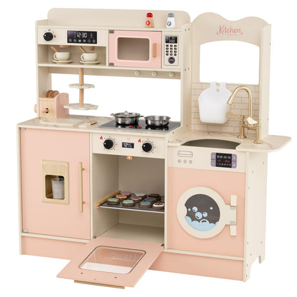 Kids Wooden Kitchen, Pretend Play Kitchen with Light, Sound, Sink & Faucet
