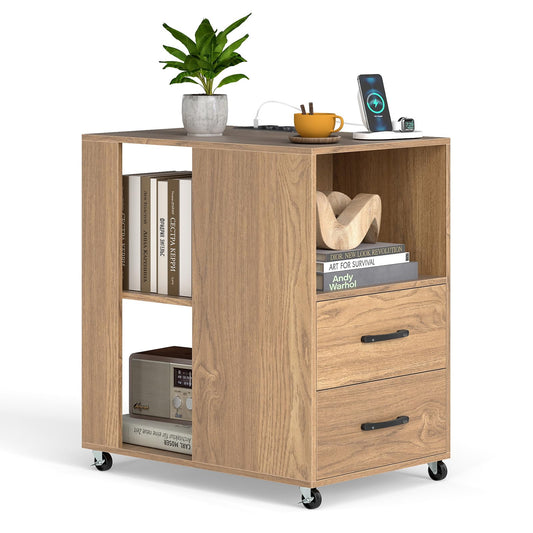 Bedside Table with Charging Station, Rolling Nightstand End Sofa Side Table