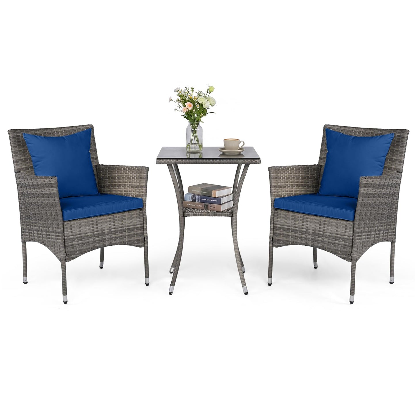 3-Piece Patio Bistro Set, PE Rattan Furniture Set with 2 Cushioned Chairs and Tempered Glass Table