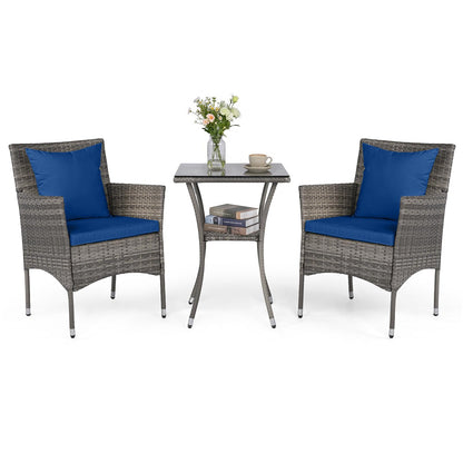 3-Piece Patio Bistro Set, PE Rattan Furniture Set with 2 Cushioned Chairs and Tempered Glass Table