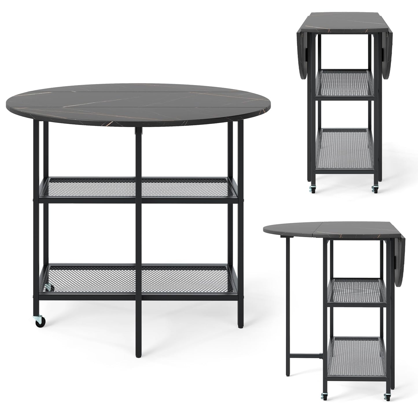Round Drop Leaf Table with 2 Mesh Shelves & 2 Lockable Wheels