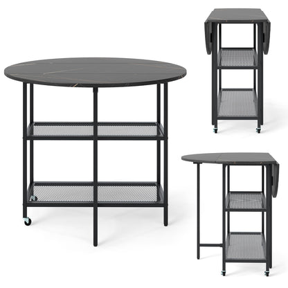 Round Drop Leaf Table with 2 Mesh Shelves & 2 Lockable Wheels