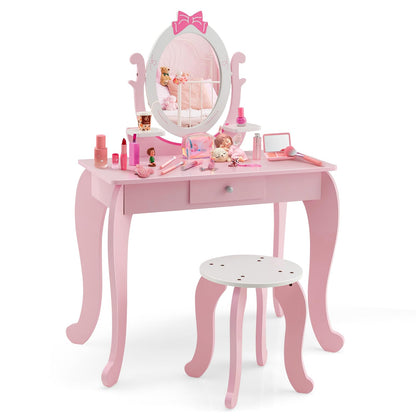 2 in 1 Kids Vanity Table with Stool and 360° Rotating Mirror