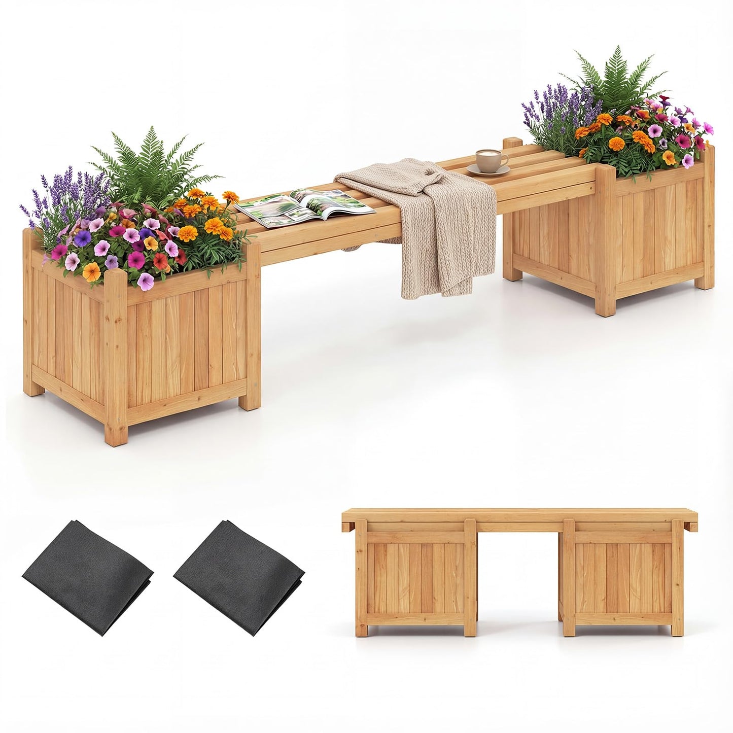 3-in-1 Wooden Planter with Bench, Raised Garden Bed with Seat and Open-ended Bottom