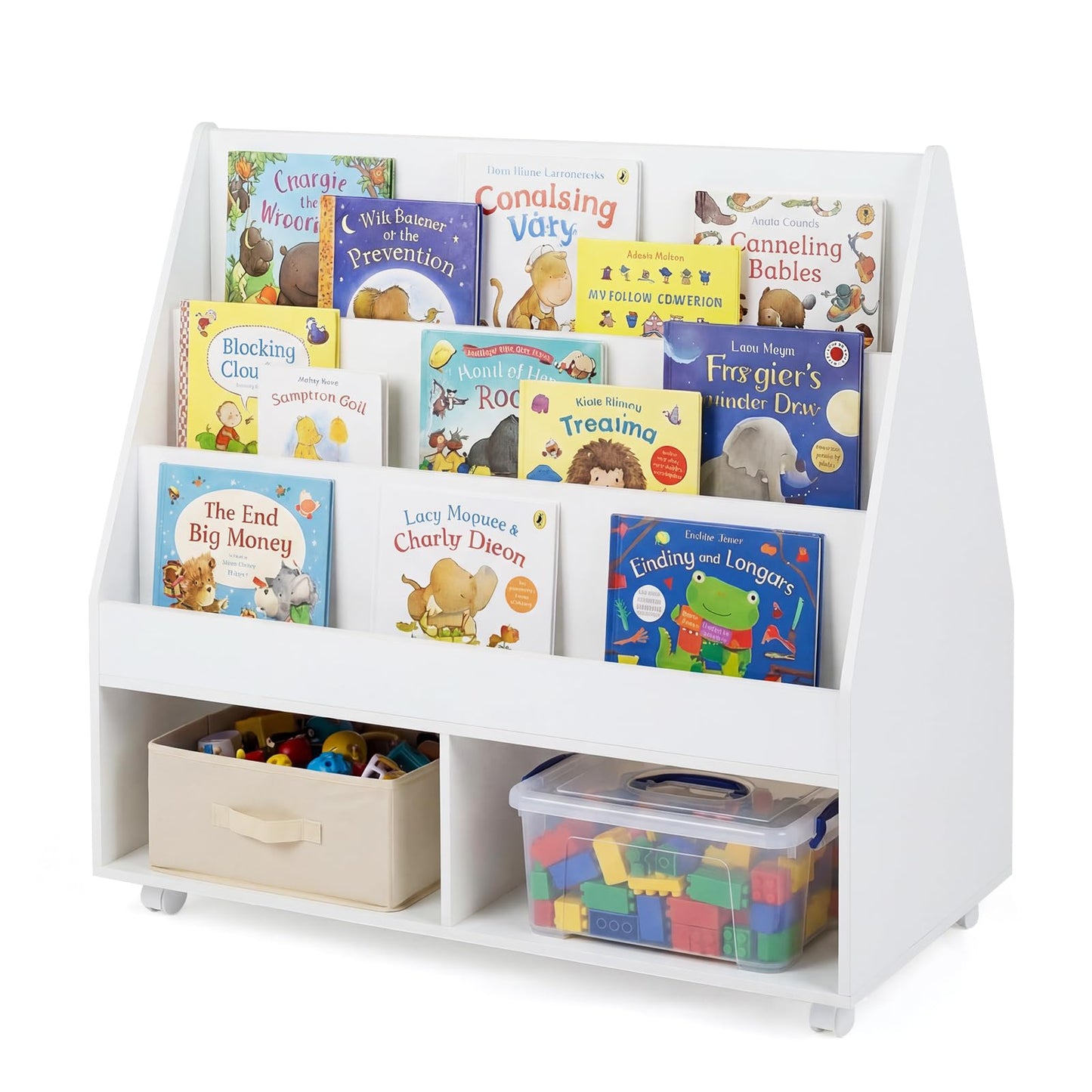 Double-Sided Kids Bookshelf Toddler Book Shelf on Wheels with Chalkboard
