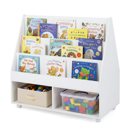 Double-Sided Kids Bookshelf Toddler Book Shelf on Wheels with Chalkboard
