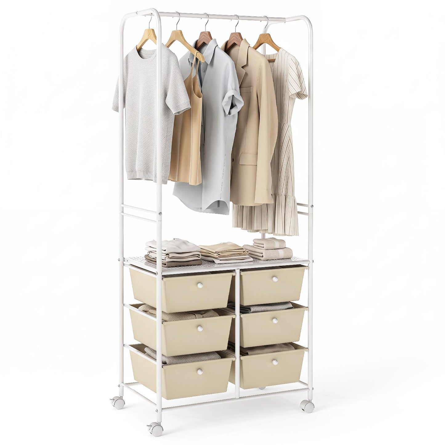 Clothes Rail on Wheels, Clothes Rack with 6 Drawers, Storage Shelf