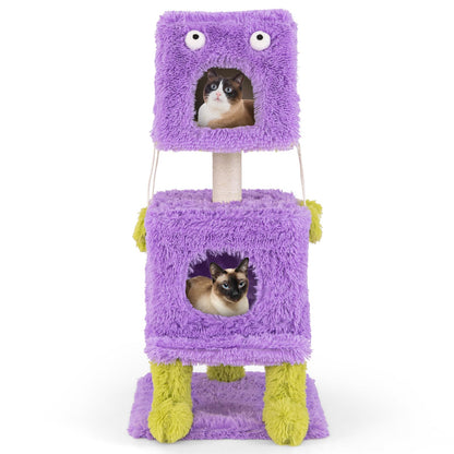 Cute Monster-Themed Cat Tower with 2 Private Condos and Soft Long Plush